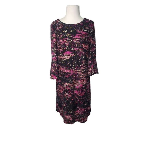 Studio One New York Black|Pink Multi 3/4 Bell Sleeve Womens Size 10 Dress NWT - Picture 1 of 14